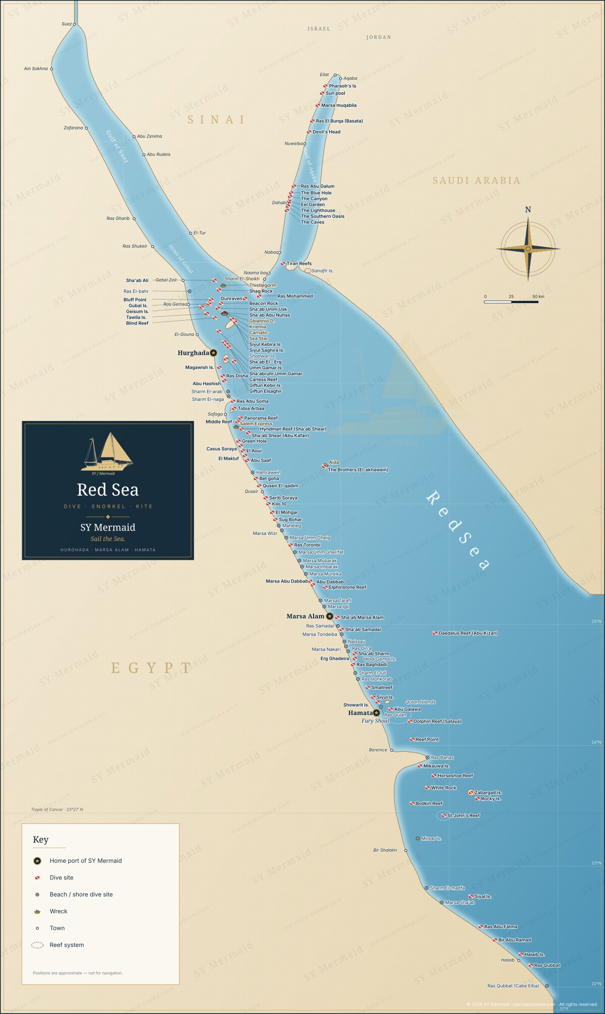 SY Mermaid map of Red Sea dive and snorkel sites: Hurghada, Marsa Alam, Hamata, Elphinstone, Daedalus, the Brothers, Fury Shoal and Sataya